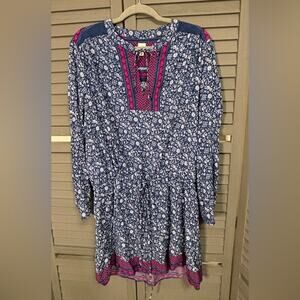 GAP Long Sleeve Blue Floral Mini Dress with Magenta Accents, Tie Waist